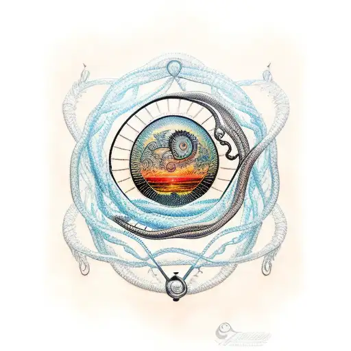 An Intricate Tattoo Of A Fishing Net Entwined With A Beautiful Sunset