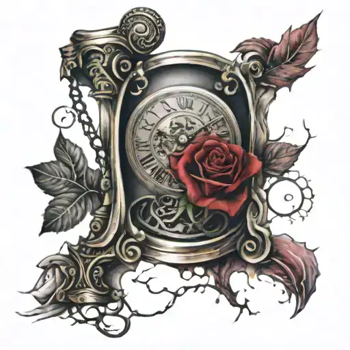 Cracked Hourglass With Clock Inside With Dark Red Rose