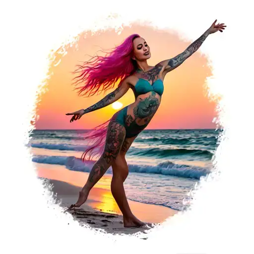 A Realistic Tattoo Of A Tattooed Woman With Pink Hair Dancing To Music On The Beach At Sunset