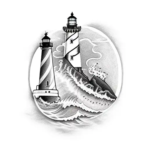 A Blackwork Tattoo Of A Lighthouse Guiding Polar Bears And Turtles Safely Through Stormy Seas