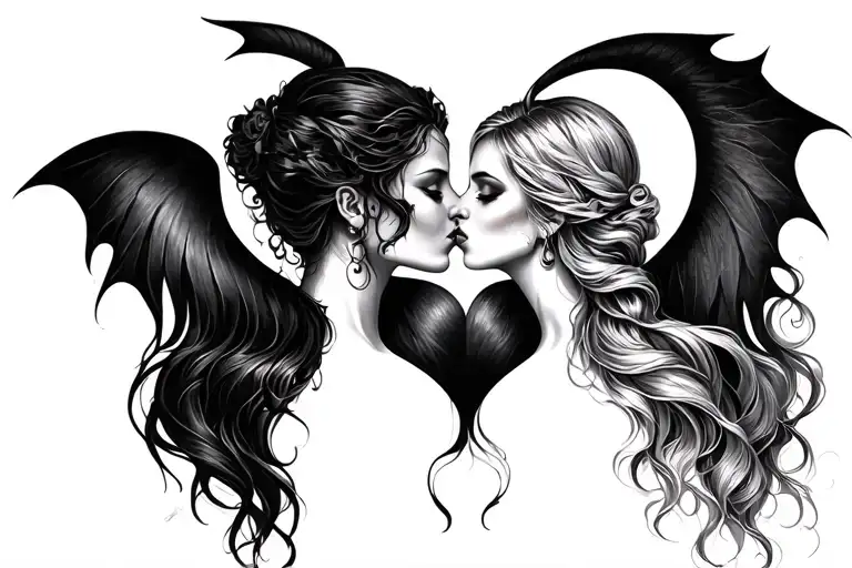Beautiful Good And Evil Sisters Passionately Kissing Each Other