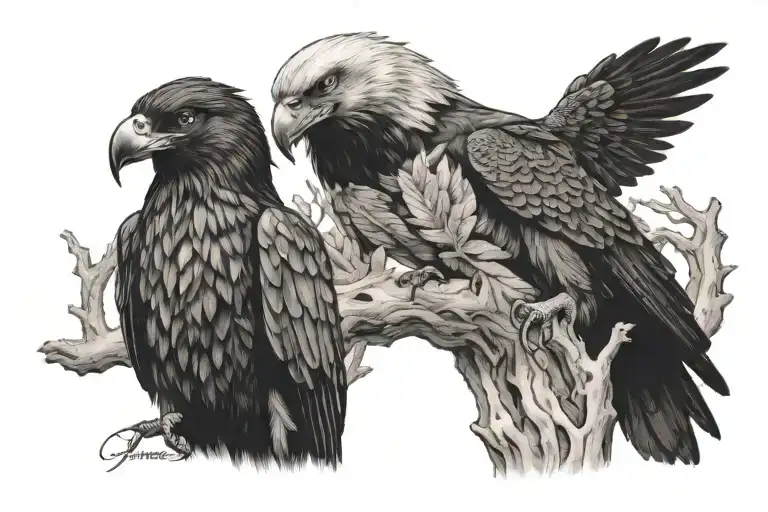 Crow And Eagle Perched