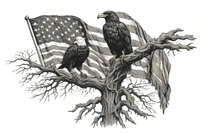 Crow And Eagle American Flag Dead Tree