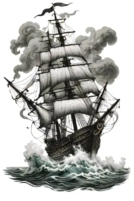 Kraken Attacking Ship Sailing Through Stormy Sea