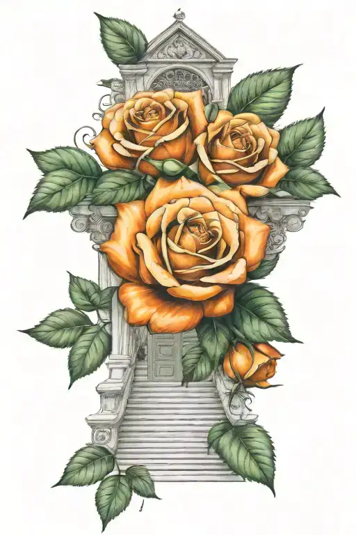 Bright Orange And Green Roses Growing On The Sides Of The Stairway To Heaven