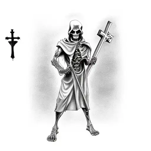 Grim Reaper Holding Onto A Cross With One Hand And The Other Hand Holding Time