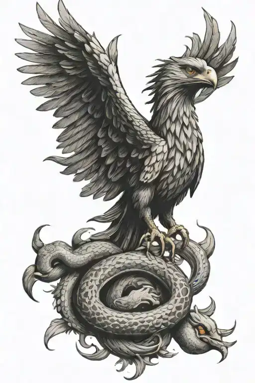 Phoenix Holding A Crown Battling A Snake