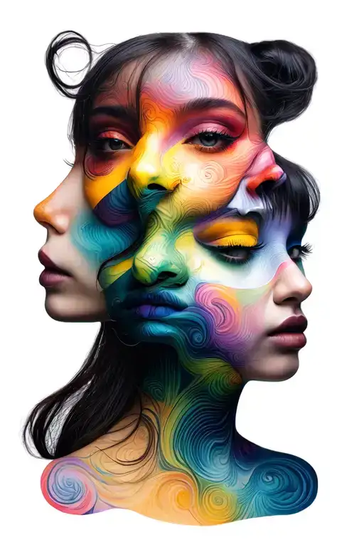 Triple Girl Face Color Surreal Morph Mono Chromatic Pattern Abstract Realistic Portrait