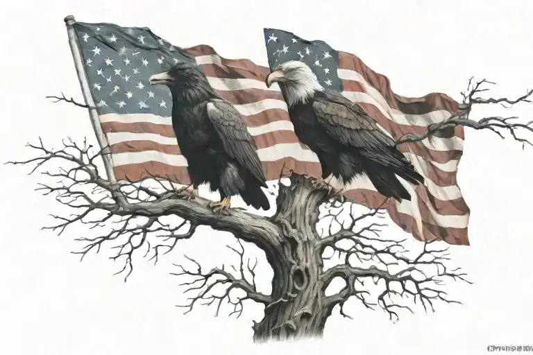 Crow And Eagle American Flag Dead Tree