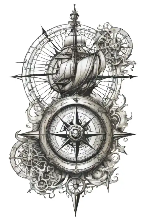 Nautical Compass Split In Half One Half Is A Sailing Ship Including An Anchor Down The Middle
