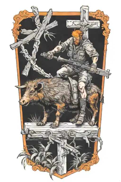 Man With Orange Hair And Blistered Face Riding Collared Peccary On A Crucifix With A Gun In Jungle