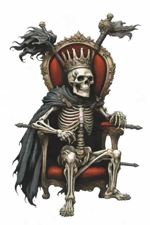 Tattoo Of A Skeleton King With A Crown Sitting In A Throne Holding A Sword