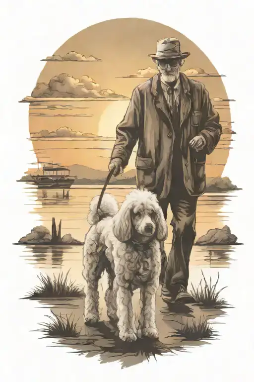 Grandpa Walking A French Poodle Into A Sunset With Hevan Over It