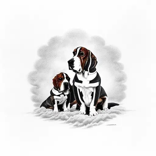Two Angel Basset Hounds Sitting On A Cloud One Is Black And White And The Other Is Brown And White