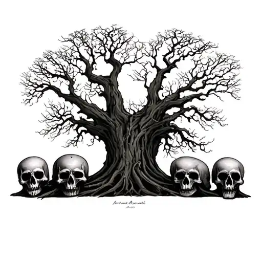 5 Scary Skulls Line Up In Front Of A Tree