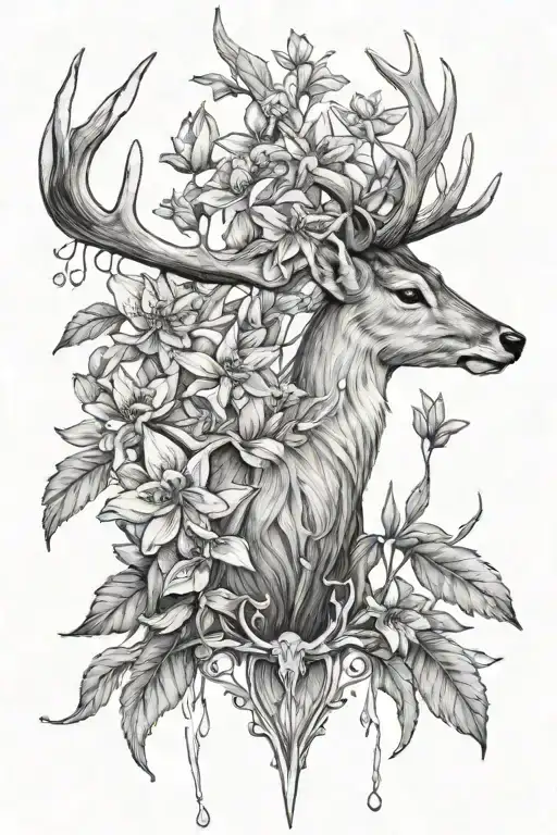Spine Tatoo With Larkspur And Water Lilys With Deer Antlers In It