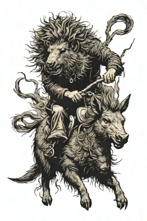 Teenager With Hair On Fire Riding A Collared Peccary