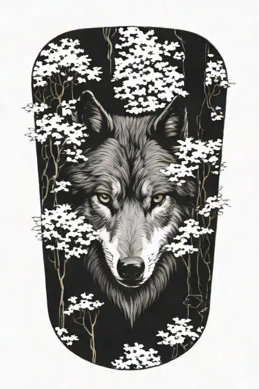 Wolf Head Sorrounded By Many Trees Blackwork