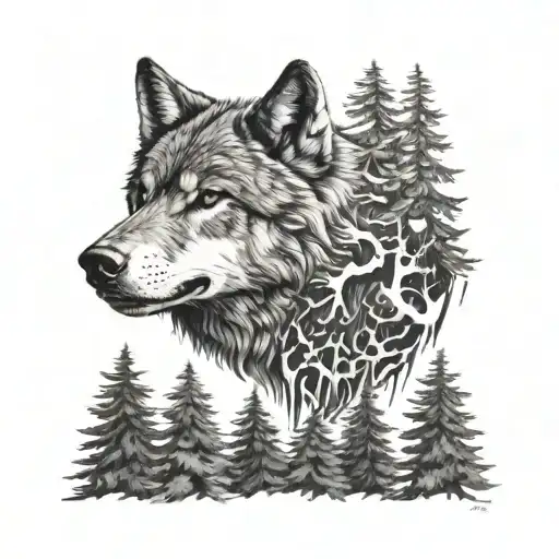 Wolf Head Sorrounded By Trees Blackwork