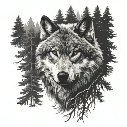 Wolf Head Sorrounded By Trees Blackwork