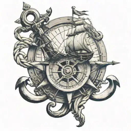 Sailing Ship In A Compass With An Anchor Intertwined