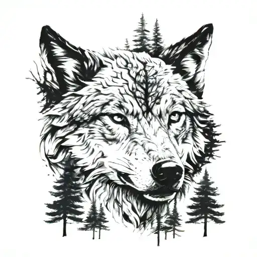 Wolf Head Sorrounded By Many Trees Blackwork