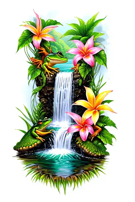 Waterfall With Tropical Flowers And Frogs