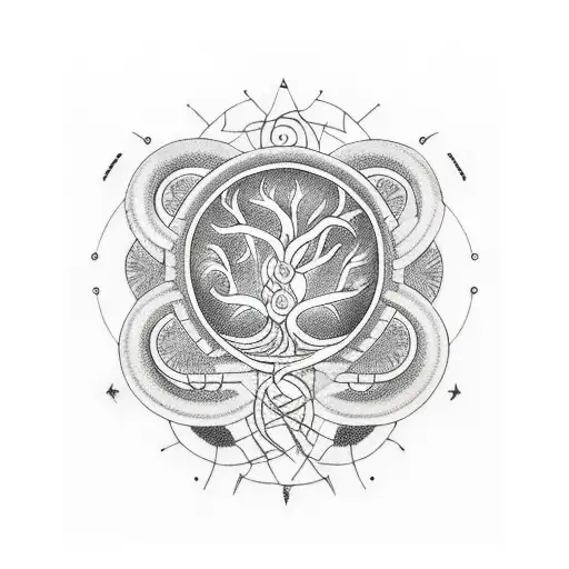A Blackwork Tattoo Of Yggdrasil With Musical Symbols And It Circuitry Integrated Into The Roots
