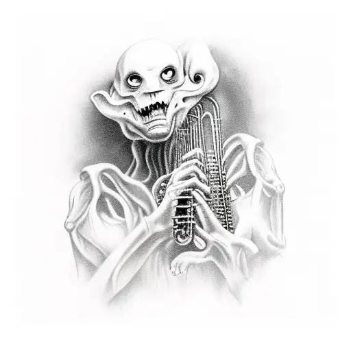 A Realistic Depiction Of A Creature Playing A Haunting Instrument In A Dark And Eerie Setting