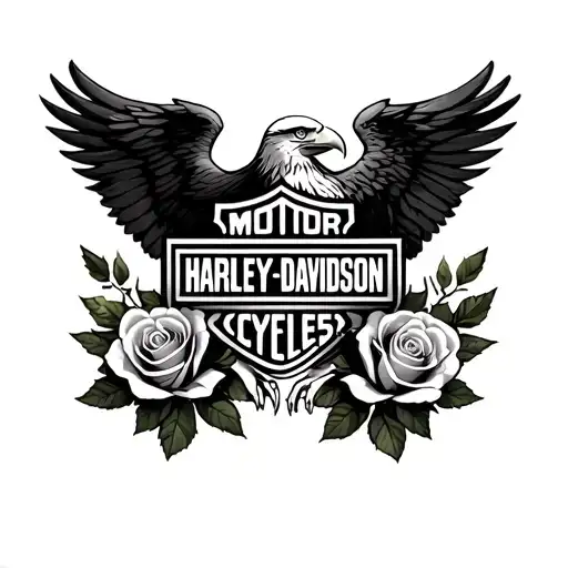 A Black Realistic Harley Davidson Logo With Two Soft Roses And A Beautiful Realism Eagle
