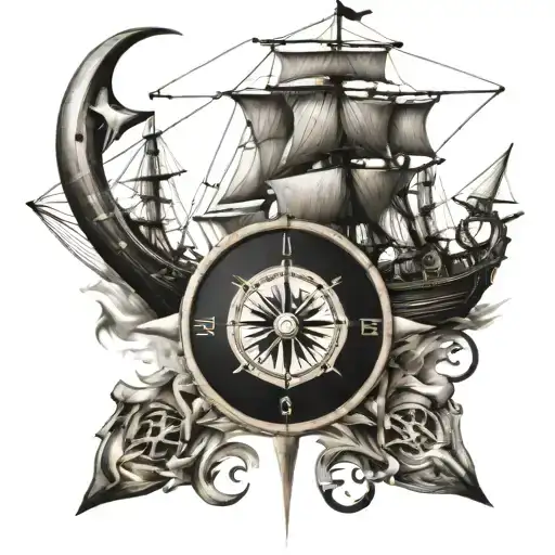 Sailing Ship Compass And Anchors Diagonally Crossing Eachother