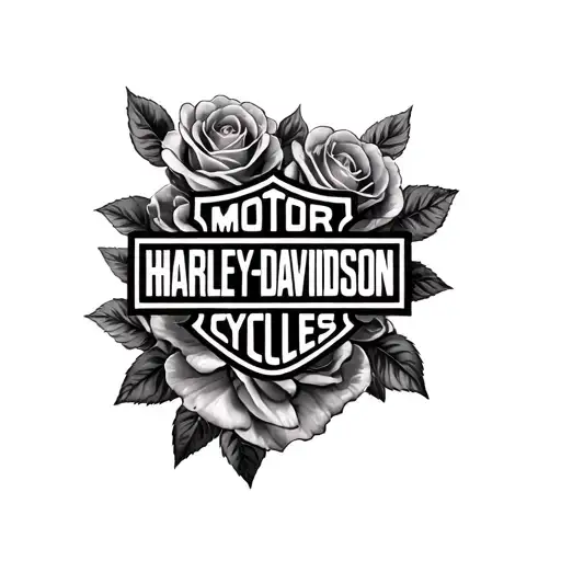 A Black Realistic Shaded Harley Davidson Logo With Three Soft Shaded Roses Around It