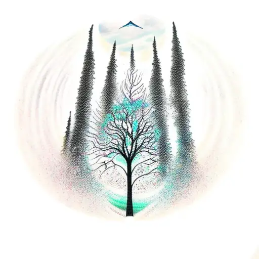 Tree Of Life With Northern Lights Swirling In Background