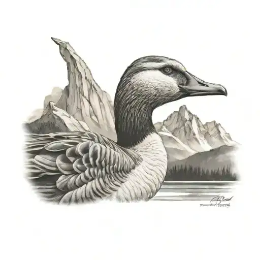 Realistic Goose Head Profile Holding Mountain Background