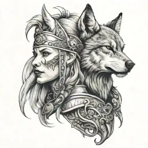 Viking Woman Warrior And Wolf
