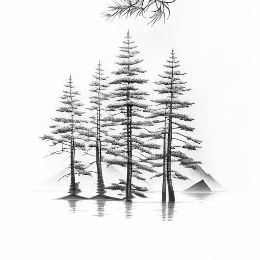 A Serene Blackwork Tattoo Of A Solitary Pine Tree Reflected In A Tranquil Mountain Lake