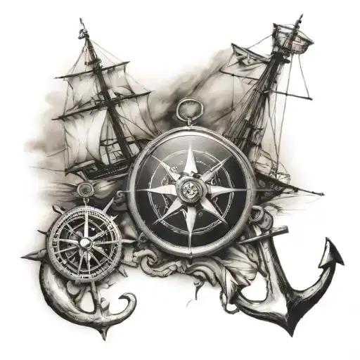 Compass An Anchor And A Ship