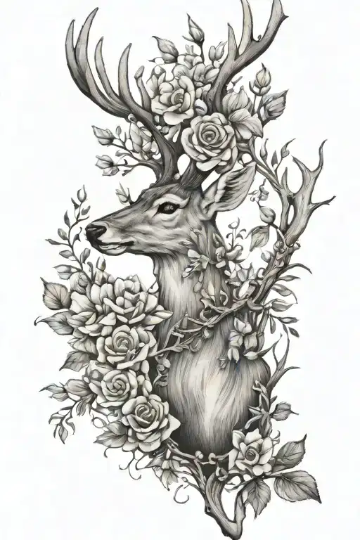 Spine Tattoo With Flowers And Deer Antlers Intertwined