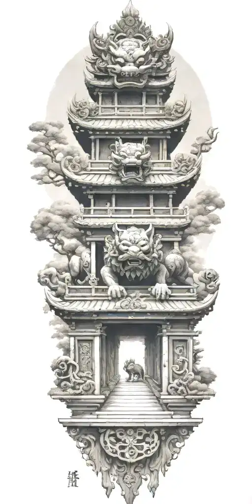 Two Japanese Foo Dog Guarding A Temple Gate Bridge