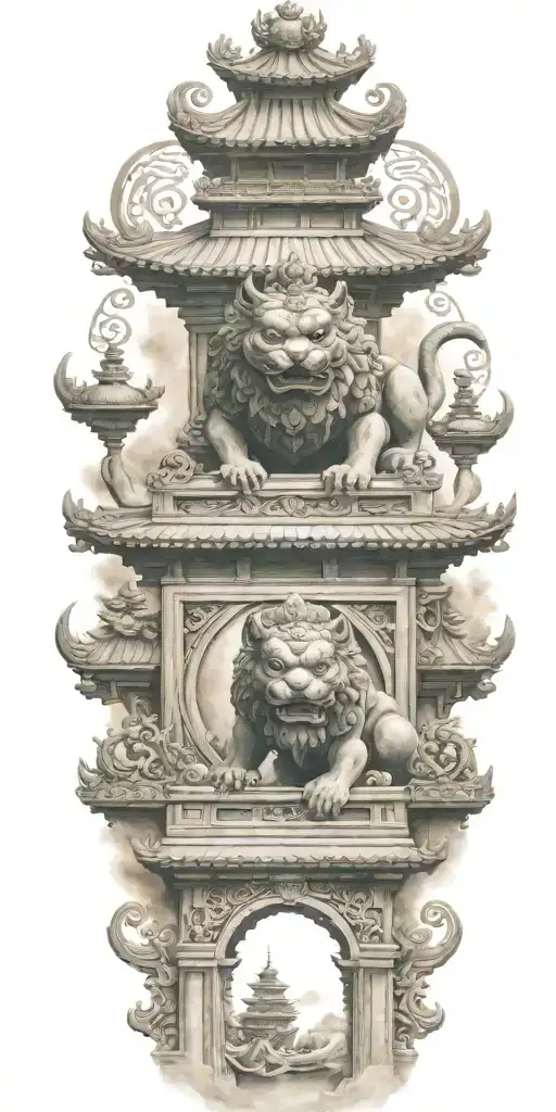Two Japanese Foo Dog Guarding A Temple Gate Bridge