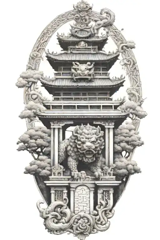 Two Japanese Foo Dog Guarding A Temple Gate Bridge