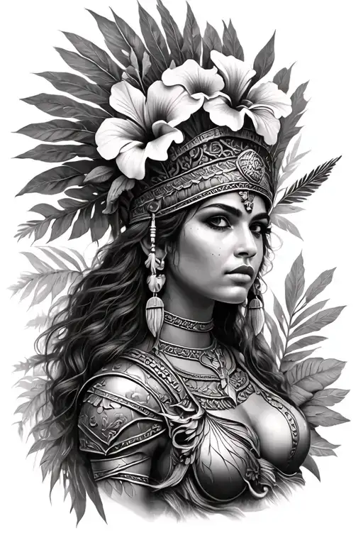 Warrior Queen Wearing A Headdress With Hibiscus Flowers And A Coqui In The Center Of The Headdress