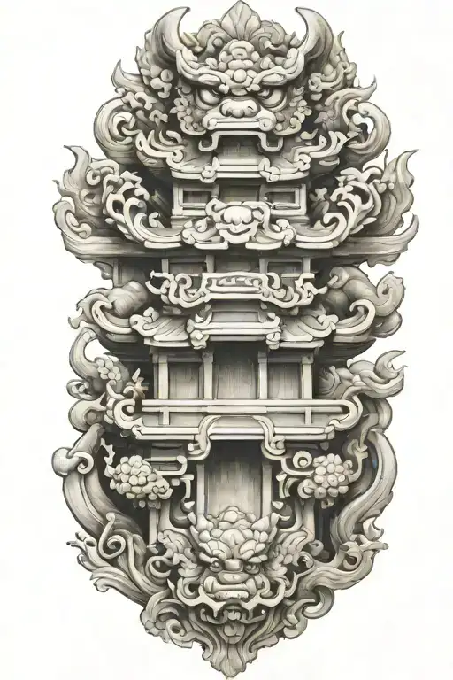 Japanese Foo Dog Guarding A Temple