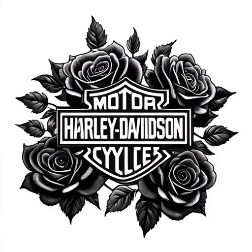 A Black Realistic Shaded Harley Davidson Logo With Three Soft Shaded Roses Around It