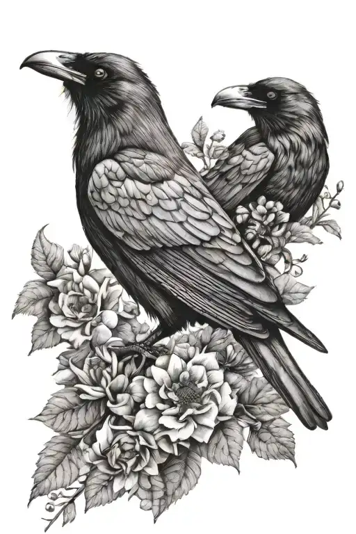 Realistic Raven With Flowers In Black And White Pencil Drawing