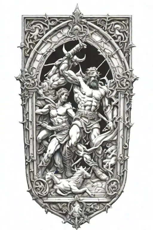 Cathedral Glass Window With Warrior Battling Demons