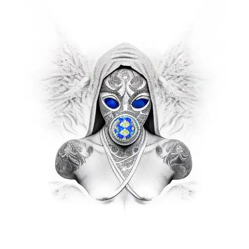 Black And Grey Person With Face Covered Riding Came Only Showing Blue Eyes