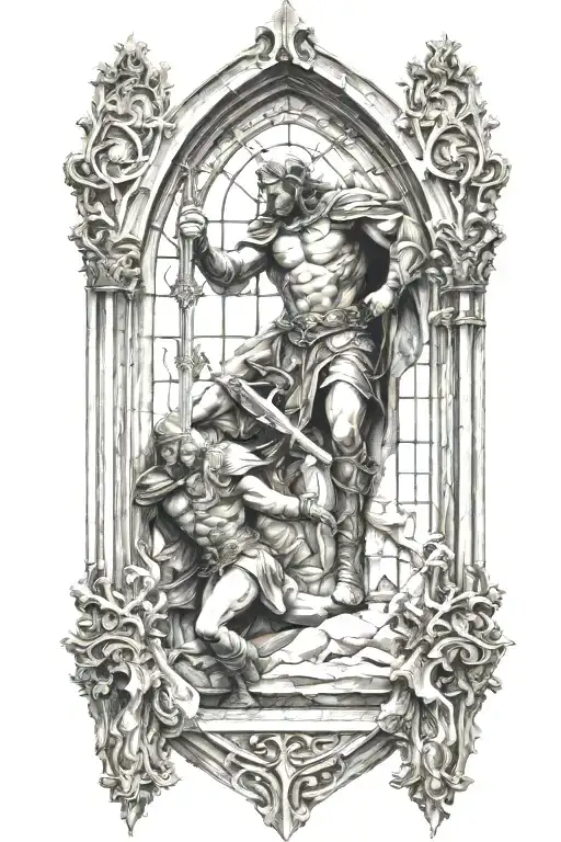 Cathedral Glass Window With Warrior Battling Demons