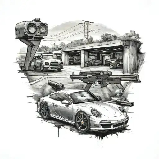A Detailed Black And Grey Tattoo Of A Shooting Range With A Porsche Parked Nearby
