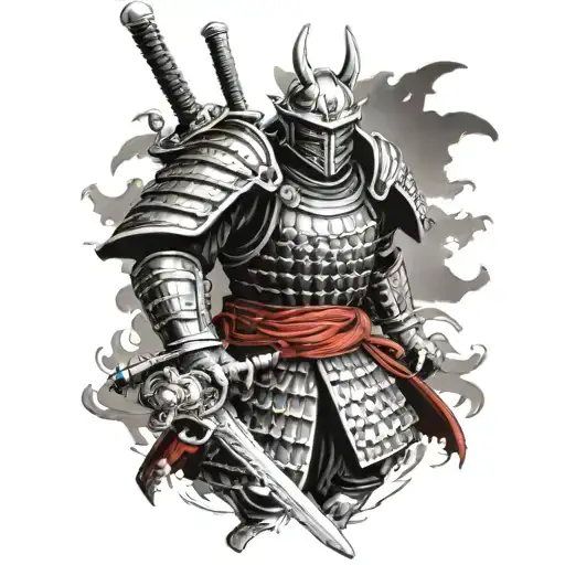 Samurai In Armor Instead Of A Head With A Skull And A Dragon